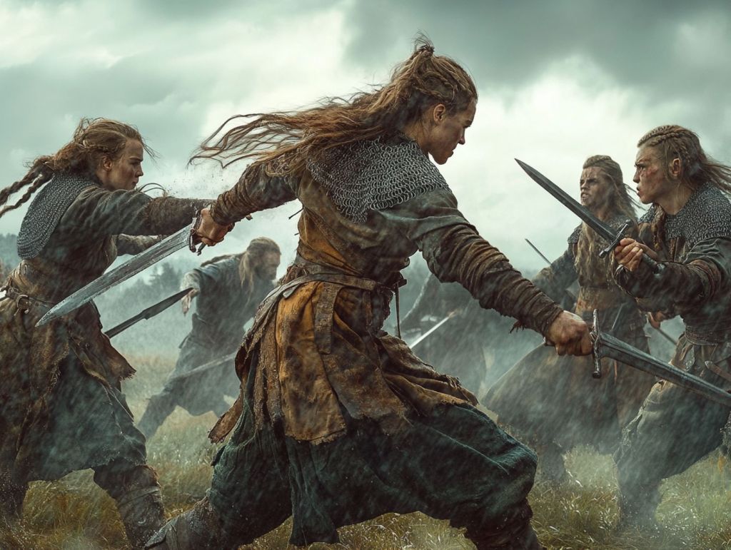 Mujeres luchando con espadas
