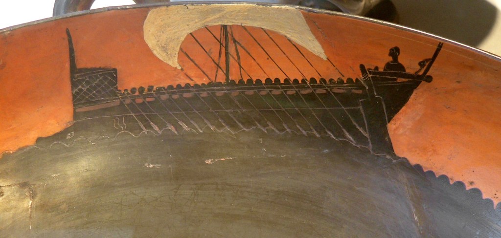 Barco griego sobre cerámica roja