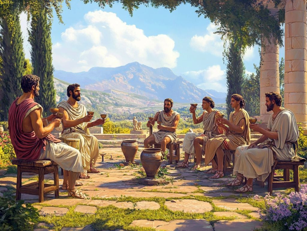 Recreación fantasiosa de consumo de vino en la antigüedad