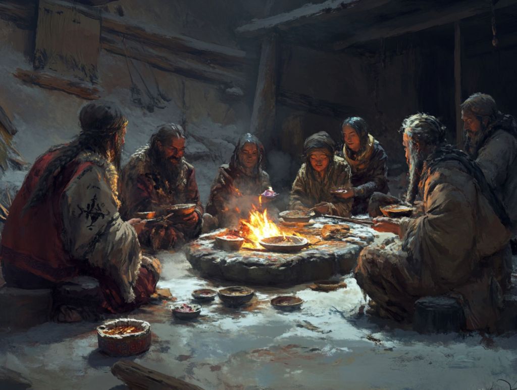 Familia consumiendo cereales y legumbres, recreación ficticia