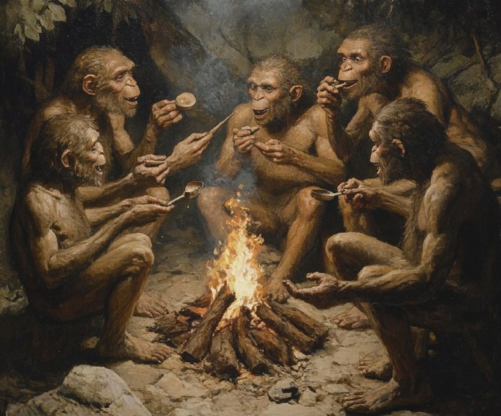 Recreación fantasiosa de homínidos alrededor del fuego