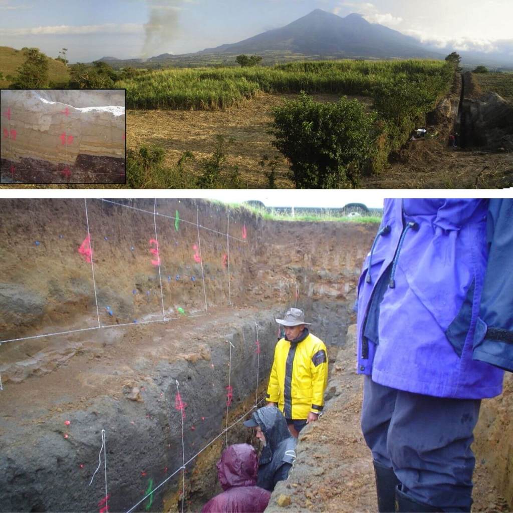 Figura 5: Arriba: vista general de una excavación paleosísmica realizada en la Zona de Falla de El Salvador, con el volcán San Vicente al fondo. Con estos trabajos podemos cuantificar y datar los grandes terremotos generados por esta la falla en los últimos 10.000 años. A la izquierda se muestra un detalle de la pared de la trinchera con evidencias de fracturas asociadas a un gran terremoto ocurrido posteriormente al depósito de las capas blancas que se corresponden a la mega-erupción del volcán Ilopango (año 431 d.C). Por tanto, podemos decir que este gran terremoto ocurrió hace menos de 1500 años. (Canora et al. 2012). Abajo una foto de una trinchera excavada en una falla normal de la zona volcánica activa del norte de Nueva Zelanda. El estudio de estas excavaciones implica semanas de trabajo, limpieza, muestreo de materiales y, lo más importante, la correcta interpretación de las complejas estructuras de deformación que los terremotos generan en los sedimentos.