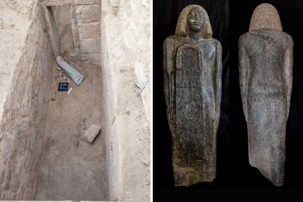 Una de las estatuas encontradas, esculpida en piedra oscura