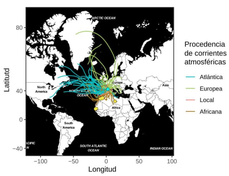 Infografía que muestra corrientes globales y procedencia de los aerosoles durante el período de la investigación. Autoría: J. Caliz (CEAB-CSIC)