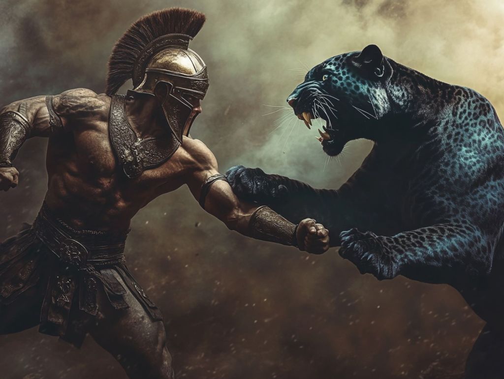 Recreación ficticia de combate entre un gladiador y una pantera