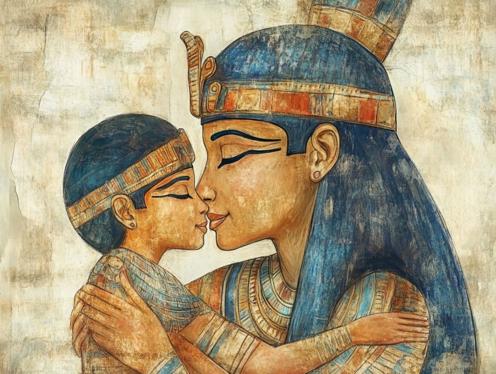 La maternidad en el antiguo Egipto, madre e hijo abrazándose, recreación ficticia