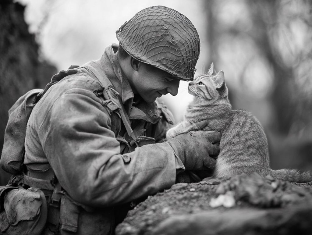 Recreación ficticia de un soldado con un gato en la Sgeunda Guerra Mundial