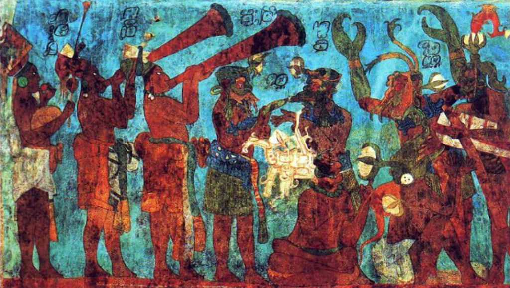 Mural maya con músicos y danzantes