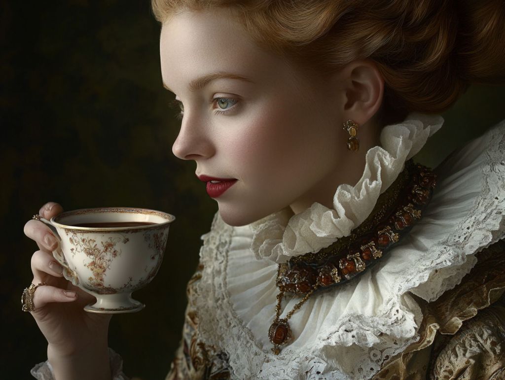 Dama renacentista con taza de porcelana en la mano