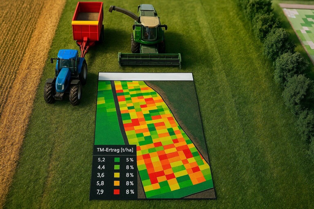 Mapa de rendimiento agrícola en toneladas por
hectárea, mostrando variaciones de productividad
en diferentes zonas del campo, acompañado por
maquinaria de cosecha lista para la recolección.
Créditos: Hugo Moreno.