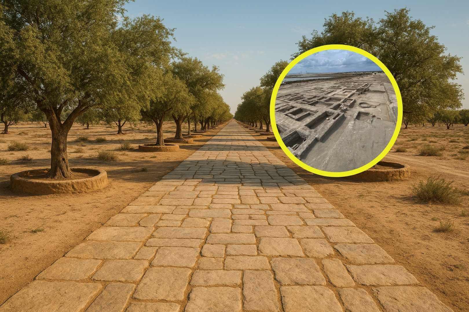 Vista panorámica realista de una antigua calzada de piedra en el desierto del Sinaí, flanqueada por hileras simétricas de árboles plantados en estructuras circulares de barro, representando el camino de entrada a la fortaleza egipcia de Tell Abu Sifi hace 2.000 años