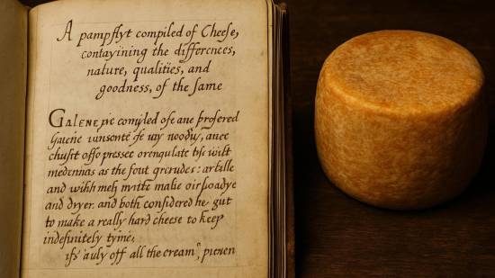 Representación fantasiosa del libro A pamflyt compiled of Cheese del siglo XVI abierto junto a un queso curado sobre mesa de madera oscura