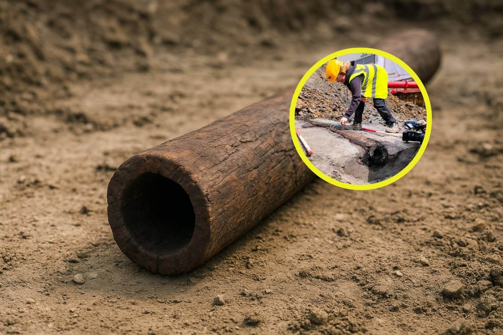 Recreación artística de una tubería romana de madera