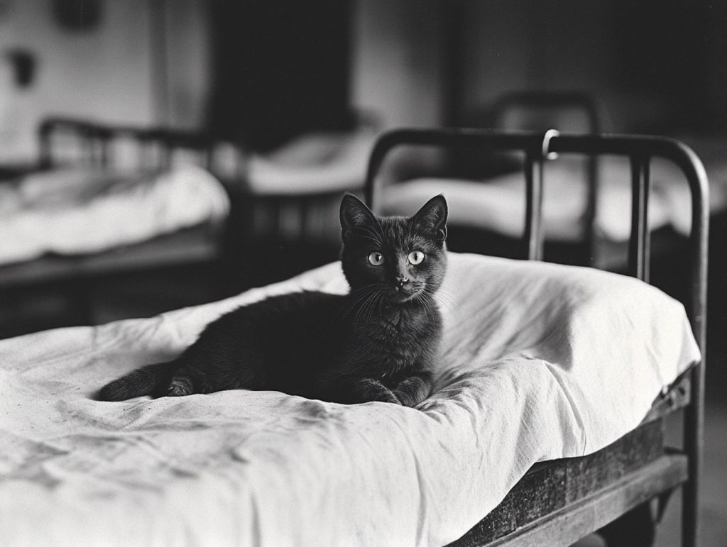 Gato tendido en una cama de hospital