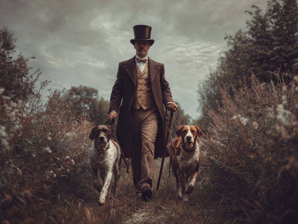Caballero victoriano con dos perros