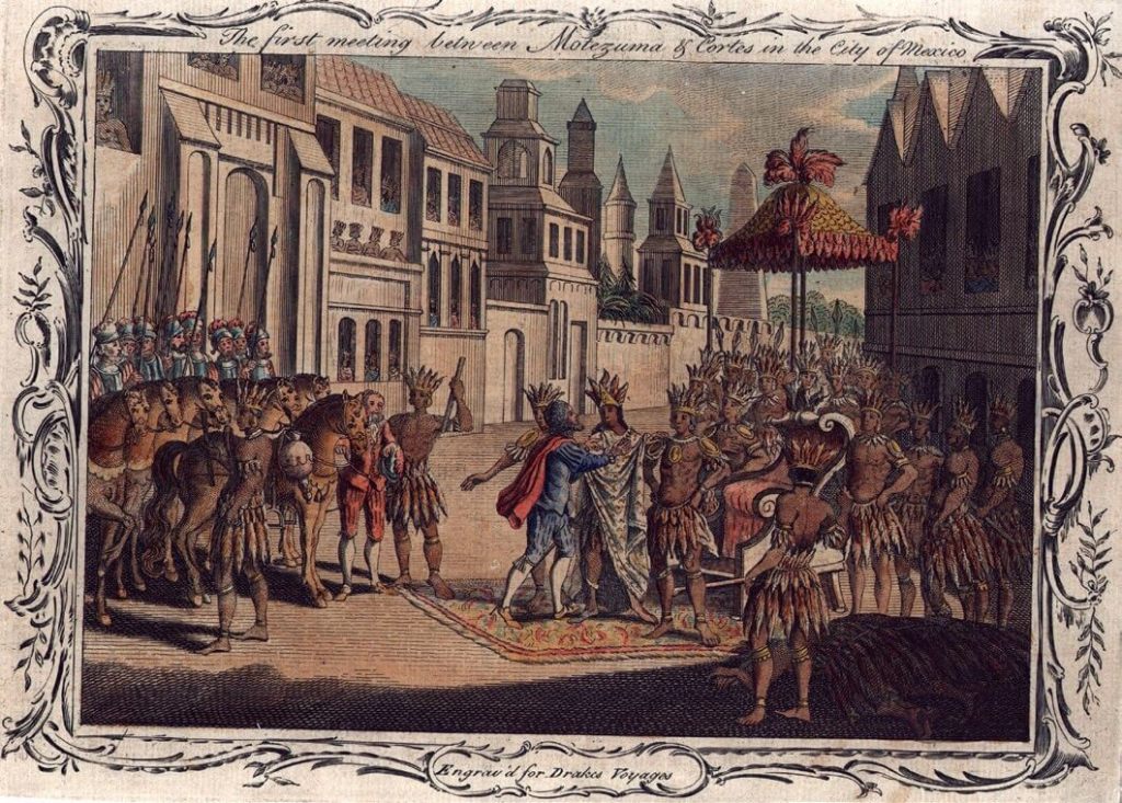 Encuentro inicial entre Cortés y Moctezuma en Tenochtitlán