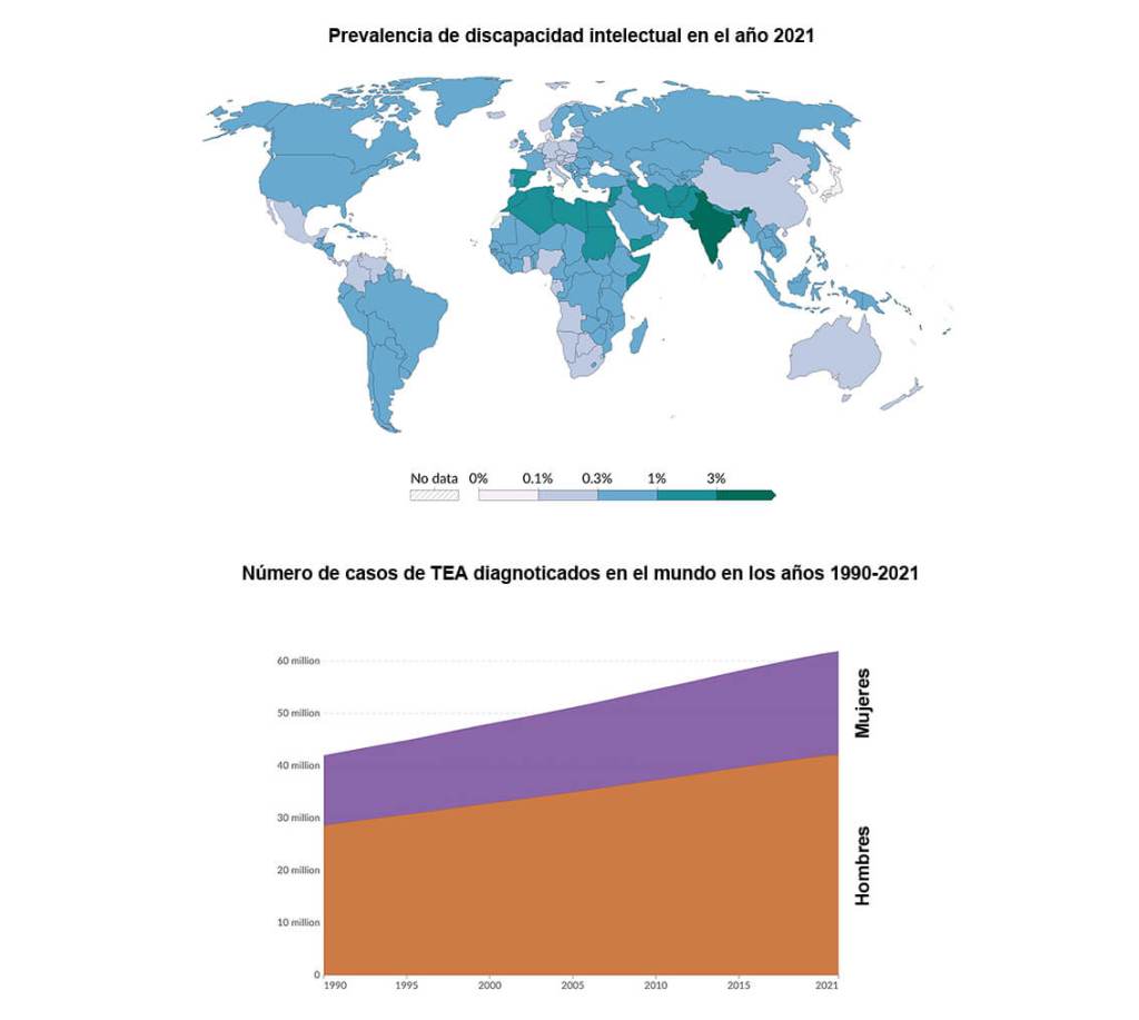 Imagen 1. Arriba se muestra un mapa de la prevalencia de discapacidad intelectual en la población mundial (por países) en el año 2021. Abajo se muestra un gráfico del número de personas (mujeres en morado y hombres en naranja) diagnosticadas con TEA en el mundo desde el año 1990 al 2021. Fuente: IHME, Global Burden of Disease (2024), OurWorldinData.org/neurodevelopmental-disorders | CC BY.