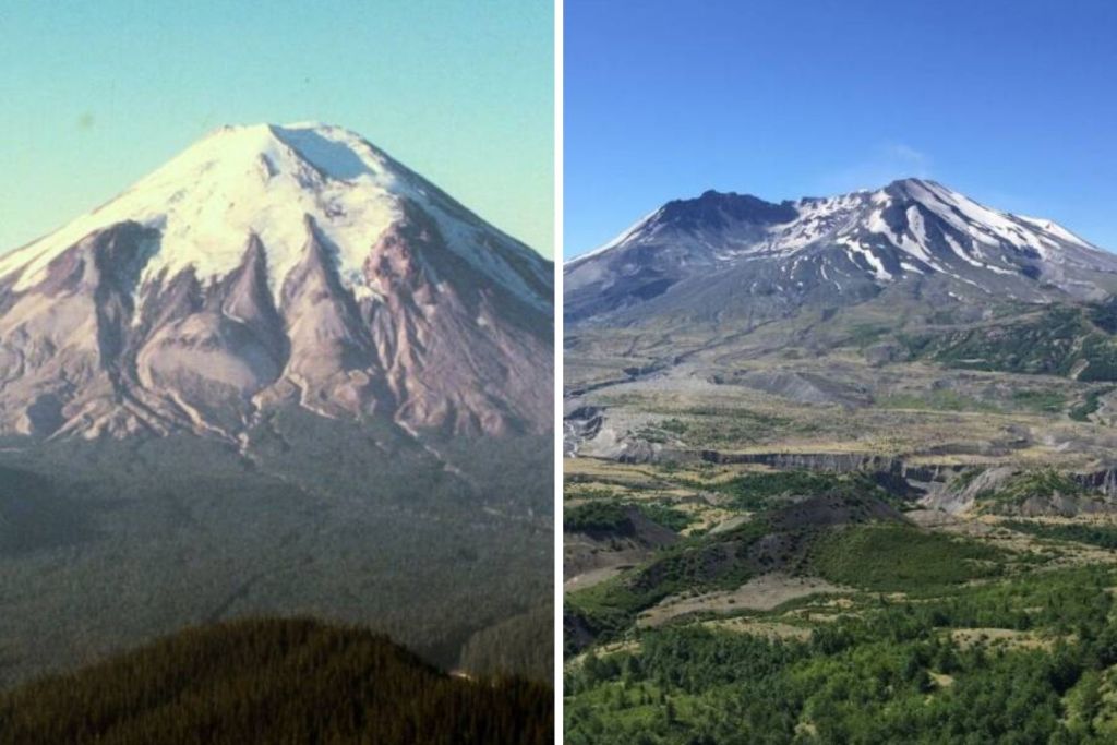 Antes y después de la erupción: de majestuoso cono nevado a cráter abierto y paisaje arrasado. La transformación del Monte Santa Helena en 1980 fue tan radical que alteró para siempre la geografía, la ecología y la historia del lugar