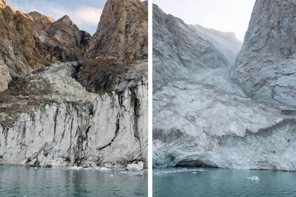 Una sección de montaña y glaciar junto al fiordo Dickson, en Groenlandia, fotografiada en agosto de 2023 (izquierda), y el mismo lugar tras un deslizamiento de tierra ocurrido en septiembre de 2023