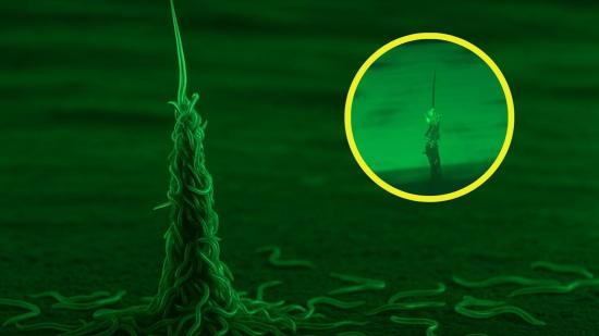 Representación fantasiosa de una torre viviente de nematodos