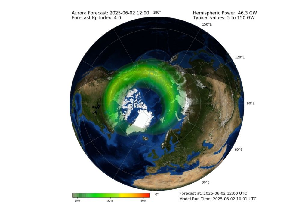 Pronóstico de auroras para el hemisferio norte elaborado por la Oficina Meteorológica del Reino Unido