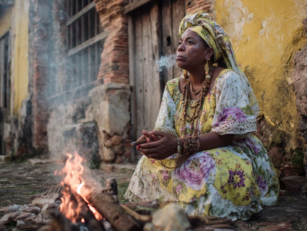 Mujer fumando un puro en un ritual
