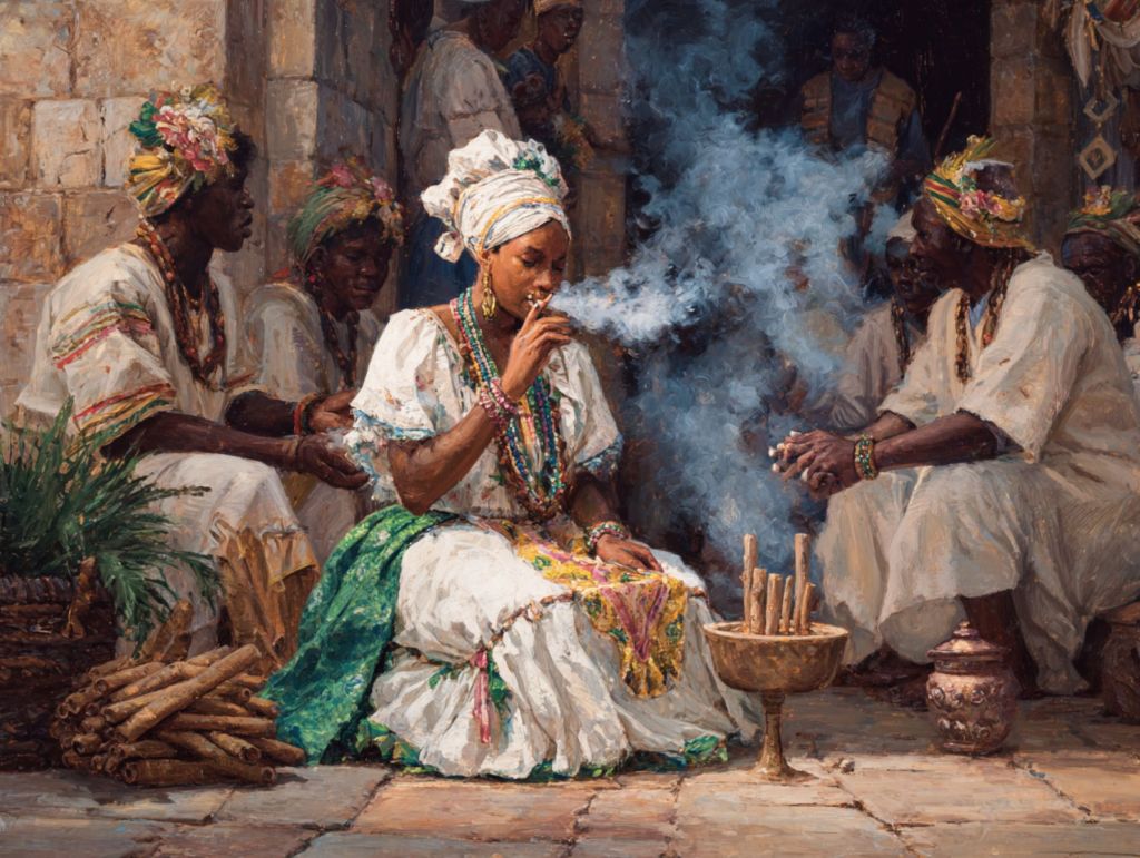Recreación ficticia de ritual con tabaco