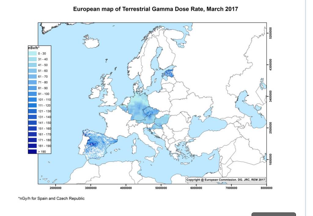 Mapa de radiación gamma terrestre del atlas europeo de radiación natural