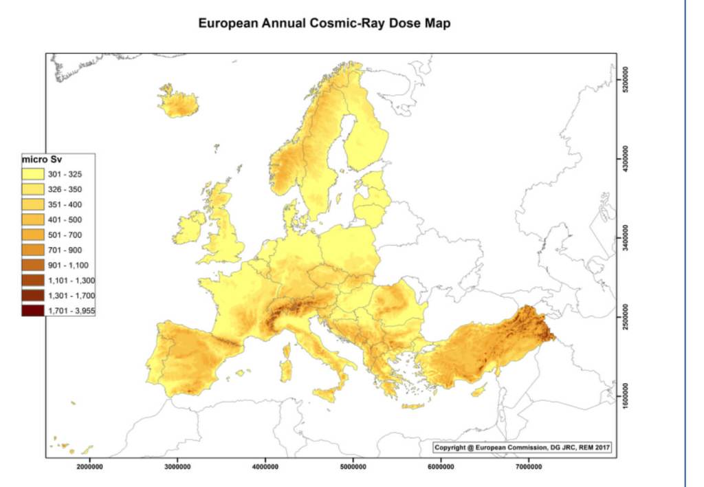 Mapa de radiación cósmica anual del atlas europeo de radiación natural