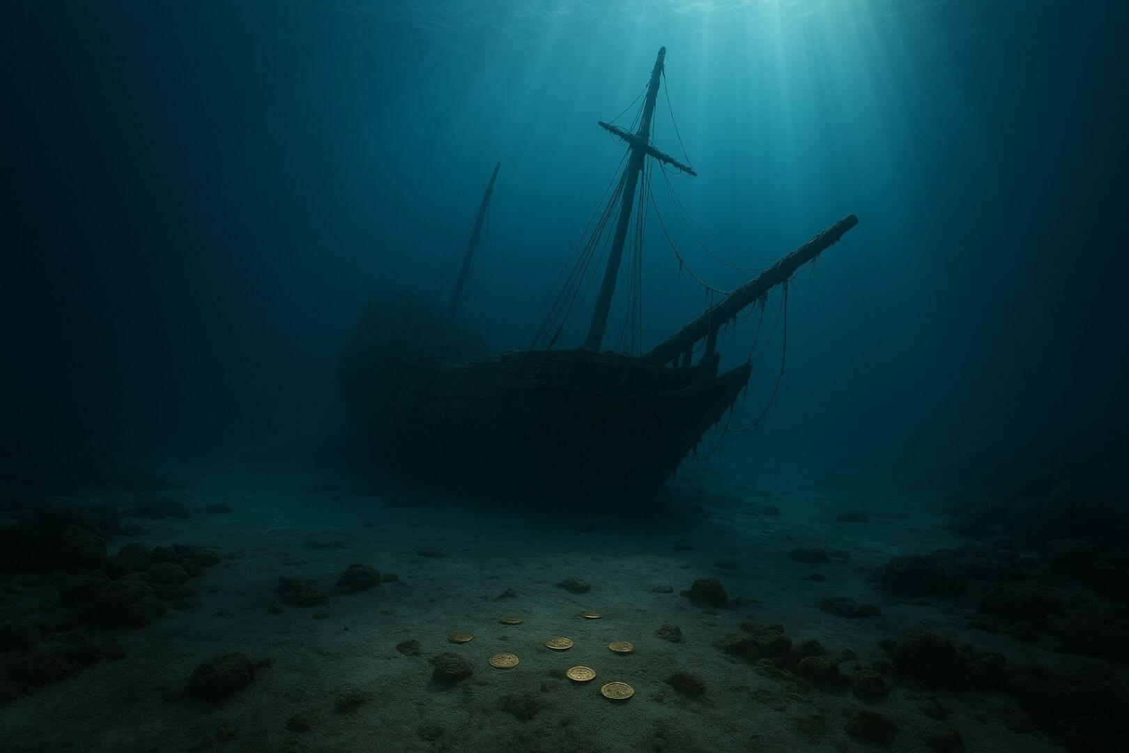 Representación fantasiosa del naufragio de un barco portugués del siglo XVIII en aguas de Madagascar