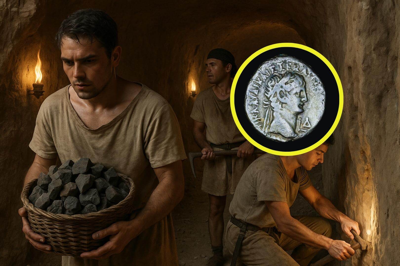 Representación fantasiosa de un grupo de soldados romanos trabajando en una mina