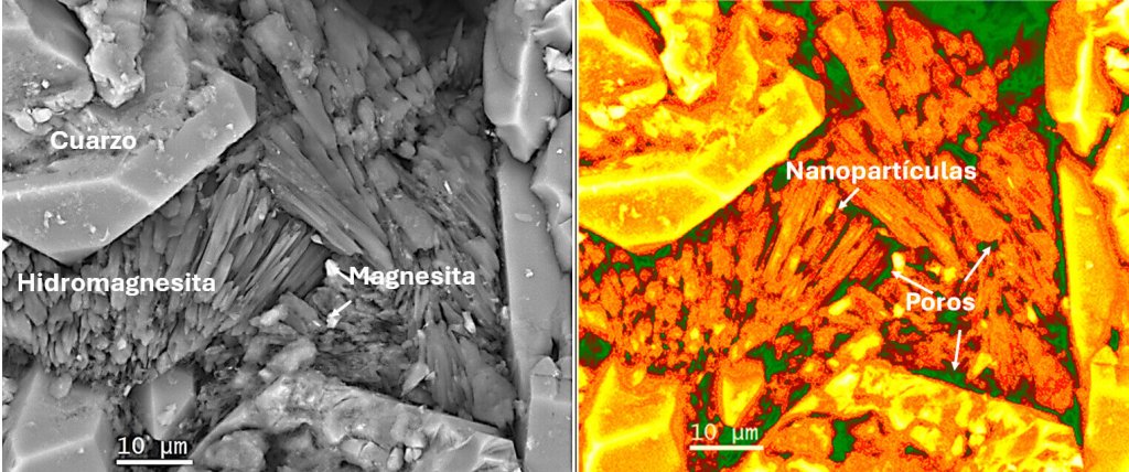 Figura 2. Crecimiento de fibras nanoestructuradas de hidromagnesita y nanopartículas de óxido de magnesio (magnesita) en los poros de una arenisca mediante cristalización inducida por electroquímica. Imágenes de Microscopio electrónico de barrido ambiental (izquierda) e imagen procesada por análisis digital de imagen mostrando la porosidad (derecha). Crédito Luz S. Gómez Villalba, proyecto Top Heritage, Technologies in Heritage Sciences (S2018/NMT_4372, Comunidad de Madrid). Nanotecnología.
