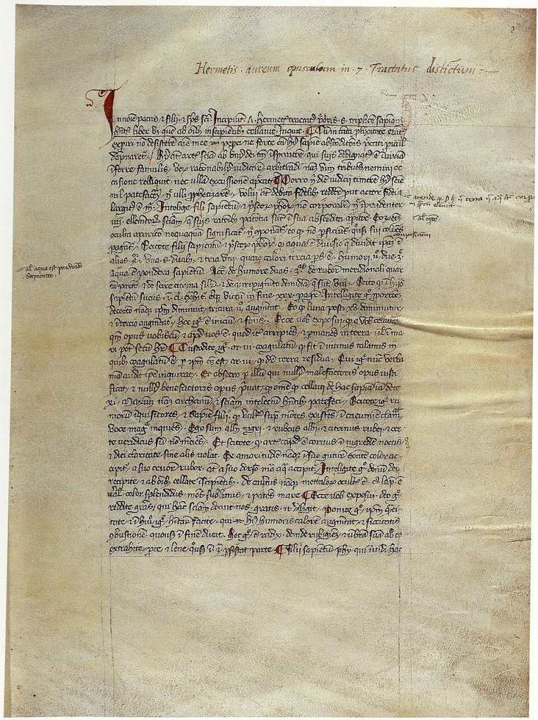 Fragmento de obra alquímica atribuido a Hermes Trismegisto, base de la tradición hermética.