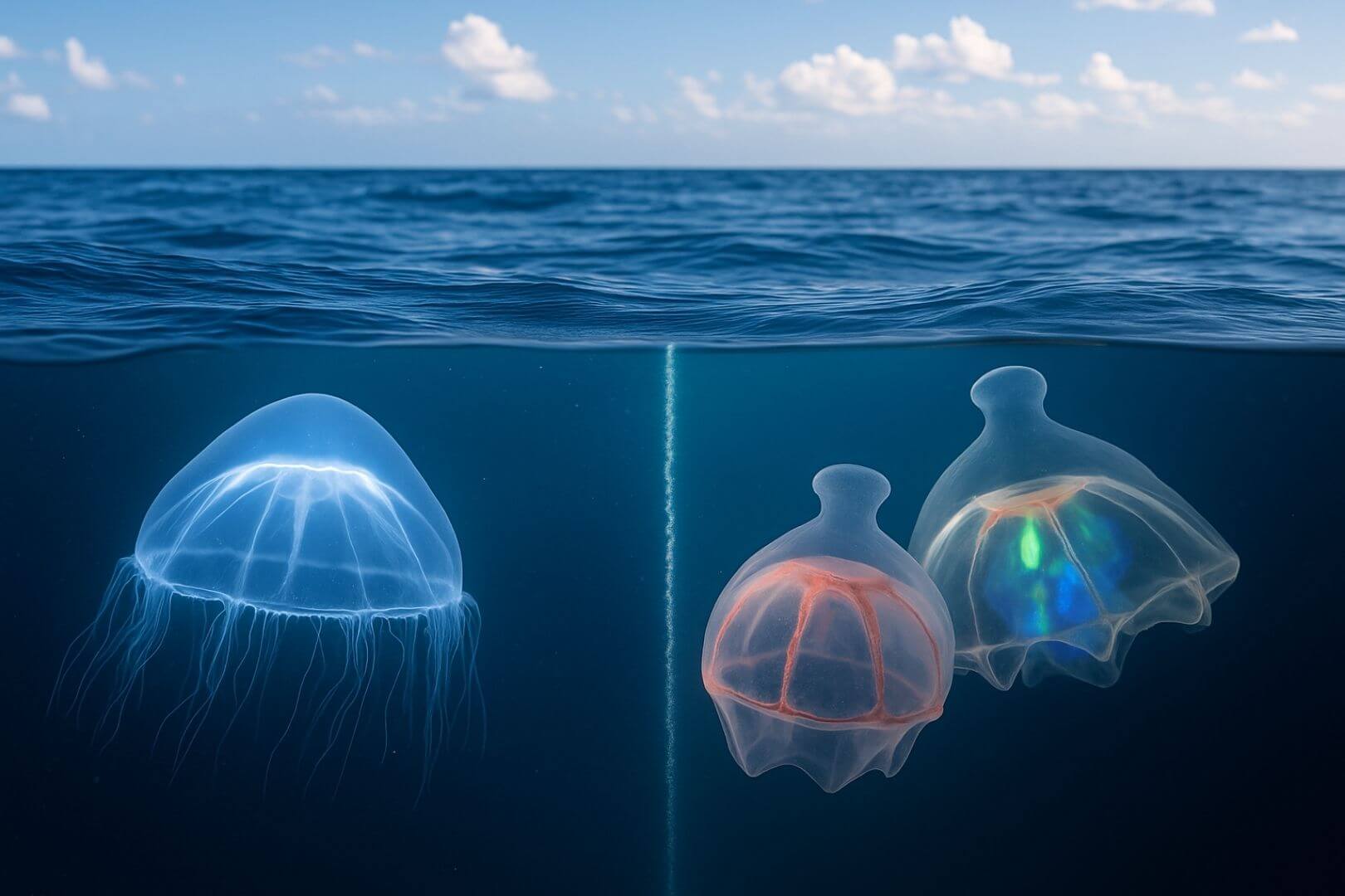 Recreación artística de la medusa Botrynema brucei ellinorae mostrando la frontera biogeográfica invisible en el Atlántico Norte