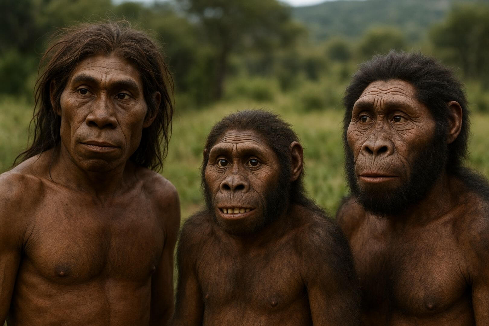 Recreación artística de tres especies homínidas que habitaron Sudáfrica hace 2 millones de años