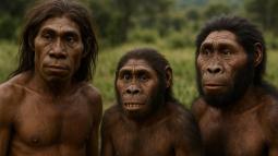 Recreación artística de tres especies homínidas que habitaron Sudáfrica hace 2 millones de años