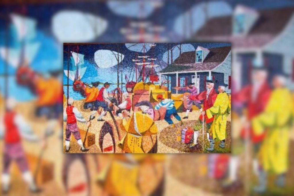 Un mosaico de Claude Howell y Catherine Hendricksen ilustra el ataque español de 1748