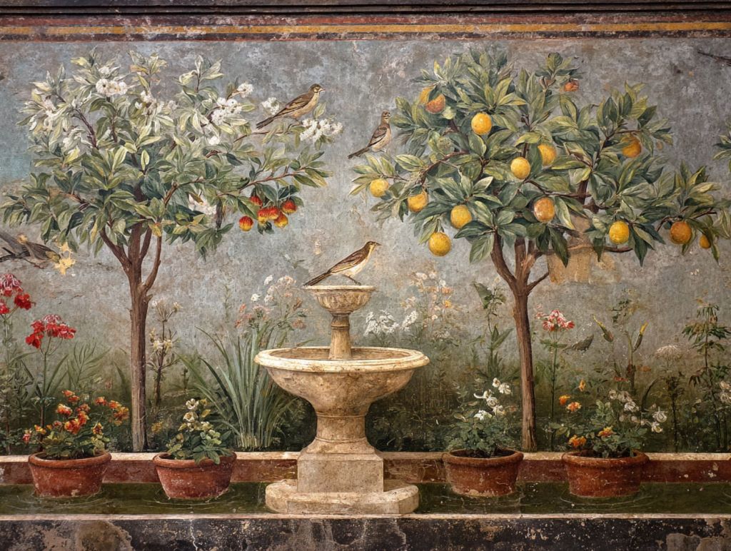 Fresco con un jardín