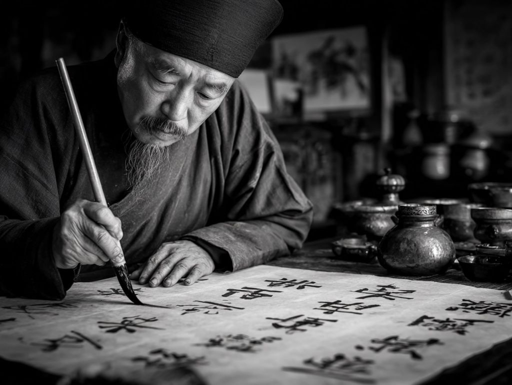 Estudioso practicand la caligrafía china