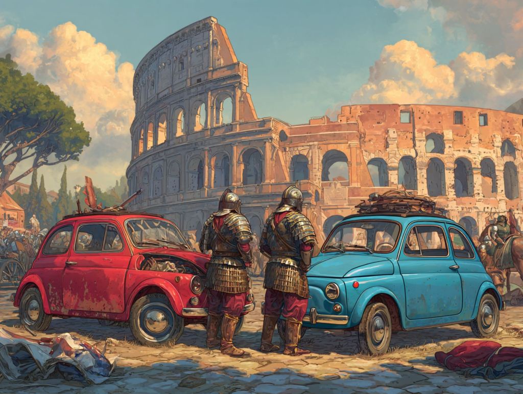 Soldados, Coliseo y Fiat 500 accidentados
