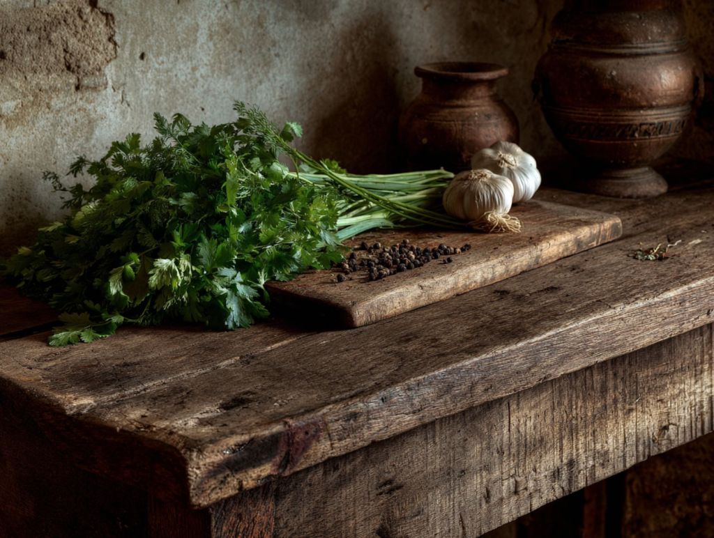 Ajo, cilantro, pimienta