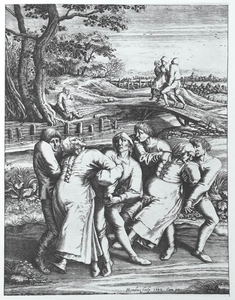 Grabado de Hendrik Hondius, basado en un dibujo original de Pieter Brueghel, que muestra a tres personas afectadas por la peste.
