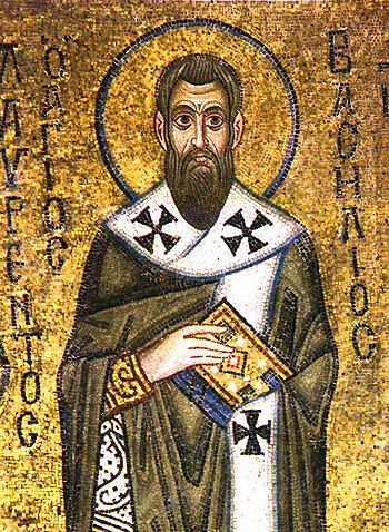 Mosaico de san Basilio el Grande en la catedral de Santa Sofía de Kiev (siglo XI), una de las figuras clave en el desarrollo de los primeros hospitales bizantinos.
