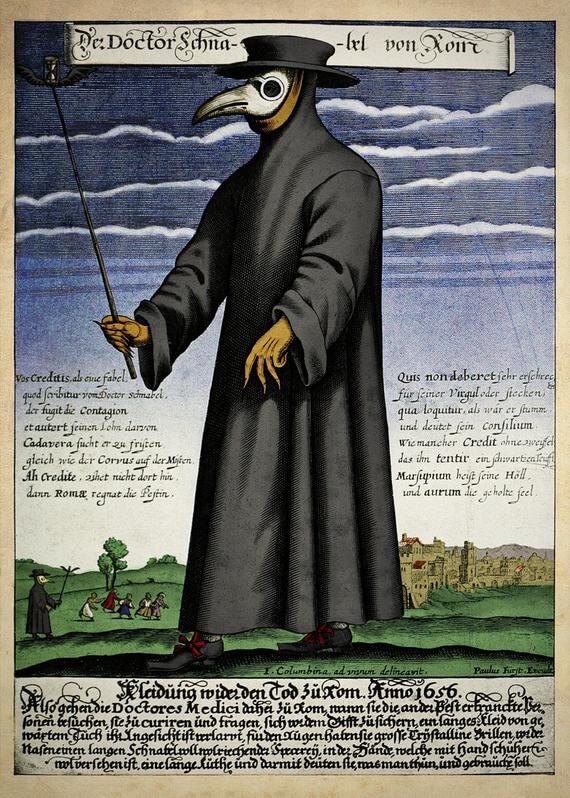 Grabado satírico del ‘Doctor Schnabel’ (Doctor Pico), médico de la peste en la Roma del siglo XVII, acompañado de un poema macarrónico en pareados octosílabos”