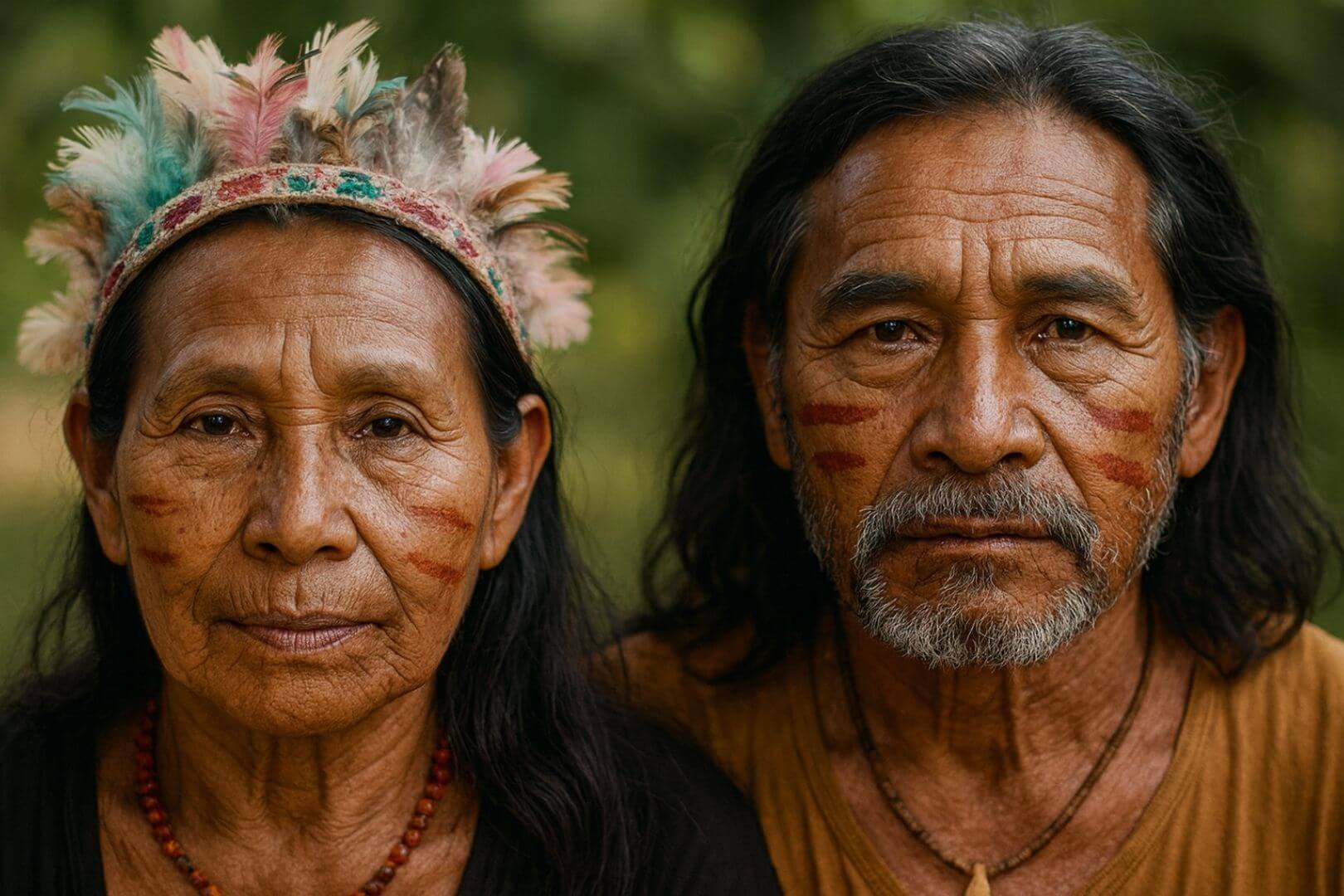 Recreación artística de una pareja indígena, inspirada en los rasgos culturales y estéticos de comunidades como los Guaraní Kaiowá