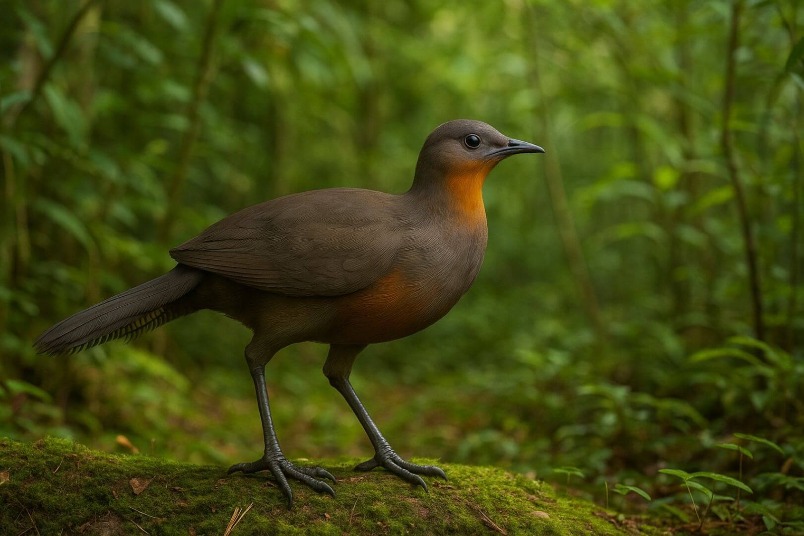 Recreación artística de Menura tyawanoides, una especie extinta de ave terrestre emparentada con el actual pájaro lira