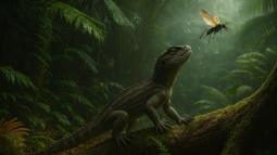 Reconstrucción visual de un antiguo lepidosaurio en su hábitat prehistórico