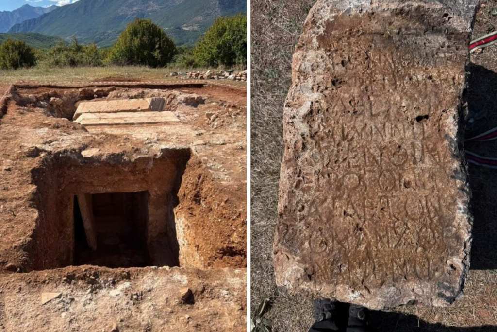 Lugar donde la tumba fue encontrada (izquierda) y una de las inscripciones (derecha)