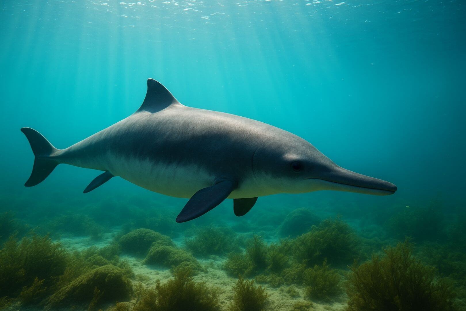 Recreación artística de una marsopa extinta del género Lomacetus, nadando en el océano que cubría la actual costa peruana hace 12 millones de años, según descripciones paleontológicas del fósil hallado en el desierto de Ocucaje
