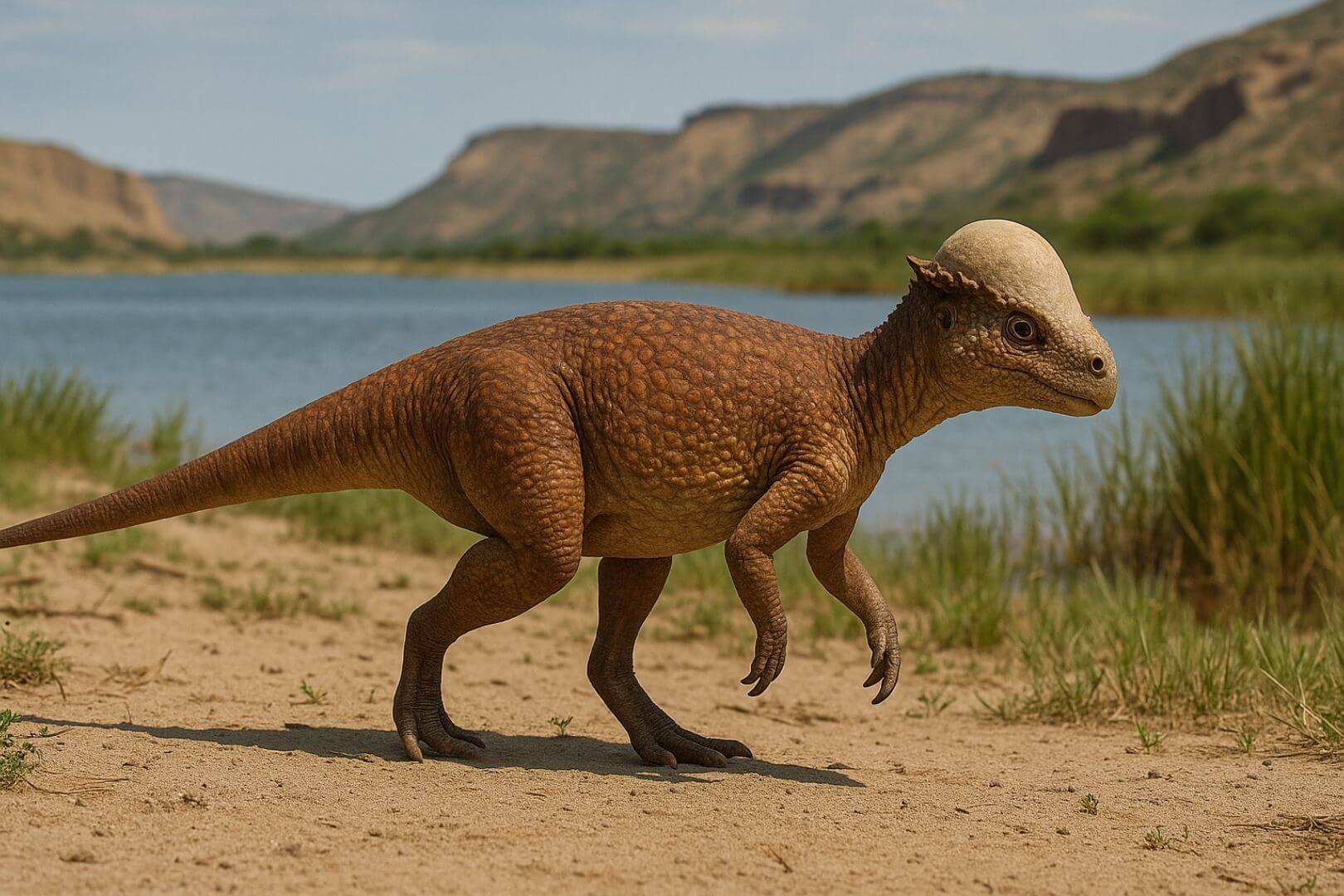 Representación gráfica de Zavacephale rinpoche, un joven dinosaurio de cabeza abovedada que habitó el actual desierto del Gobi hace 108 millones de años